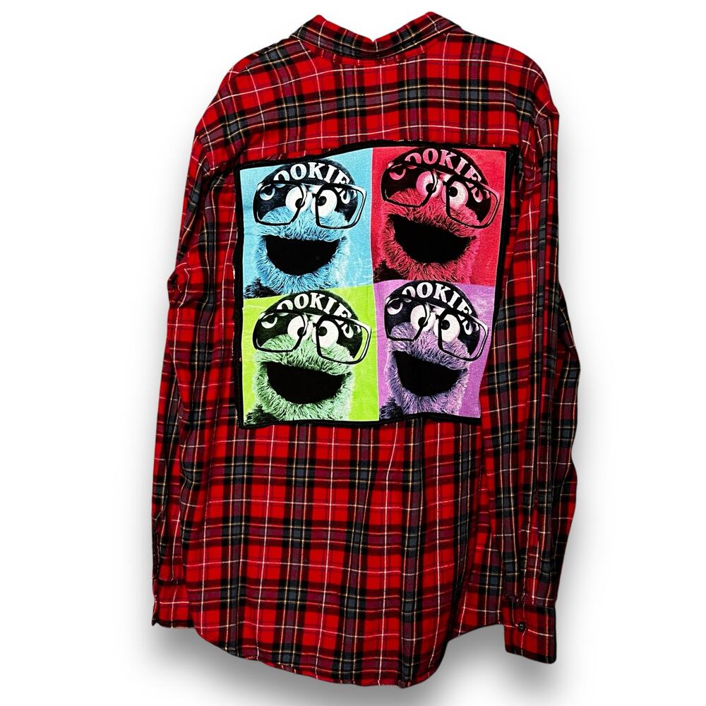 Upcycled Cookie Monster Plaid Flannel Shirt Button Front Handmade Sz Large